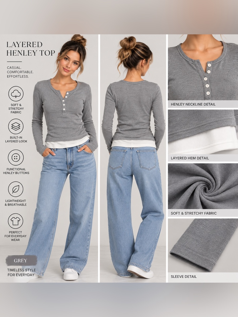 Women's Gray Long-Sleeve Henley Layered Hem Top